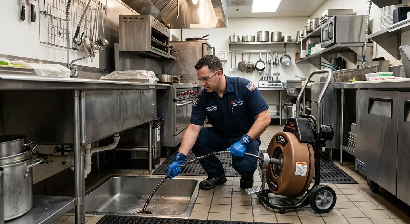 Commercial drain cleaning service in a restaurant kitchen in New Albany