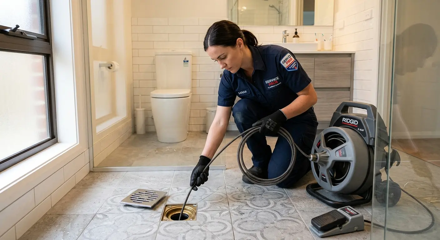 Technician clearing a bathroom floor drain for Sewer Line Replacement in New Albany